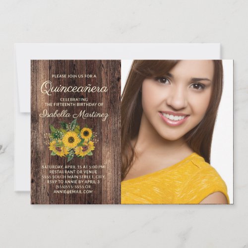 Rustic Sunflowers Barn Wood Quinceaera Photo Invitation