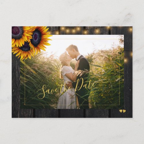 Rustic sunflowers  barn wood save the date wedding announcement postcard