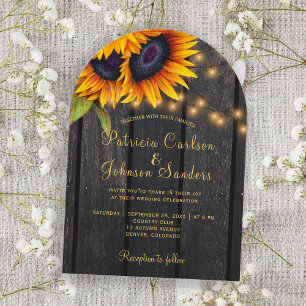 Rustic sunflowers barn wood string lights wedding invitation