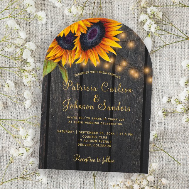 Rustic sunflowers barn wood string lights wedding invitation (Creator Uploaded)