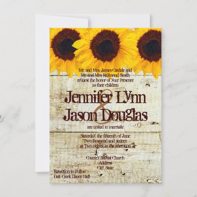 Rustic Sunflowers Barn Wood Wedding Invitations (Front)