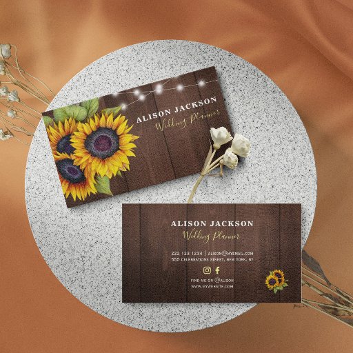 Customizable Rustic sunflowers barn wood wedding planner business card