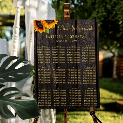 Rustic sunflowers barn wood wedding seating chart 