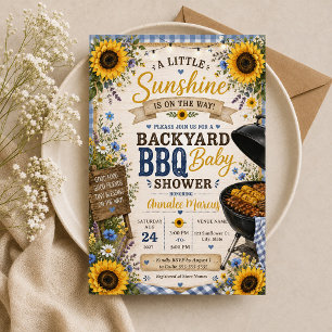Rustic Sunflowers BBQ Blue Plaid Baby Shower BBQ  Invitation