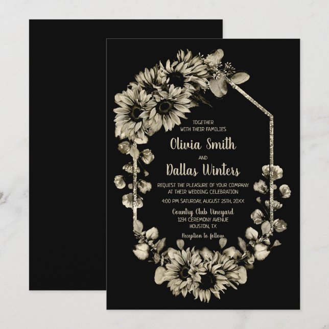Rustic Sunflowers Black Wedding Invitation (Front/Back)