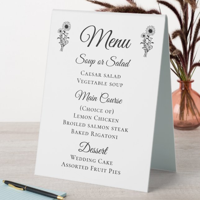 Rustic Sunflowers Black White Floral Wedding Menu Table Tent (In SItu (Table))