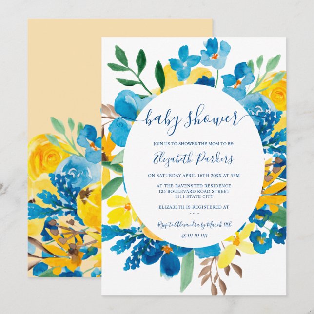 Rustic sunflowers blue floral bloom baby shower invitation (Front/Back)