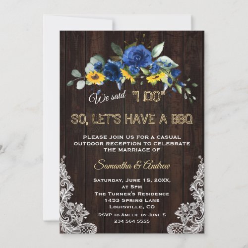 Rustic Sunflowers Blue Flowers Lace I DO BBQ Invitation