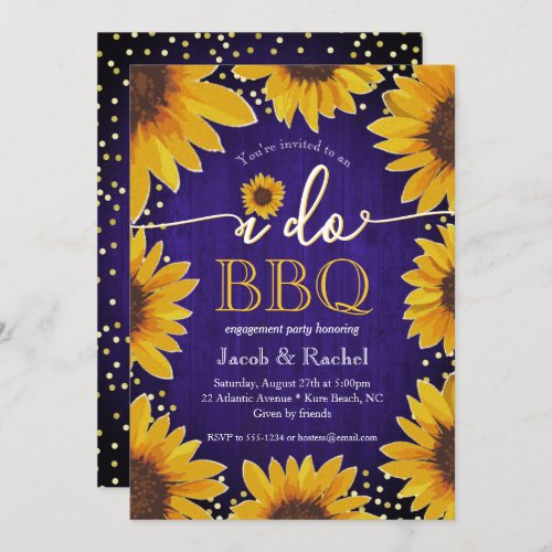 Rustic Sunflowers Blue Gold BBQ Engagement Party Invitation