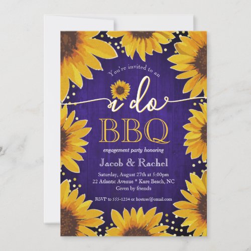 Rustic Sunflowers Blue Gold BBQ Engagement Party Invitation