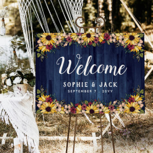 Rustic Sunflowers Blue Wood Grain Wedding Welcome Foam Board