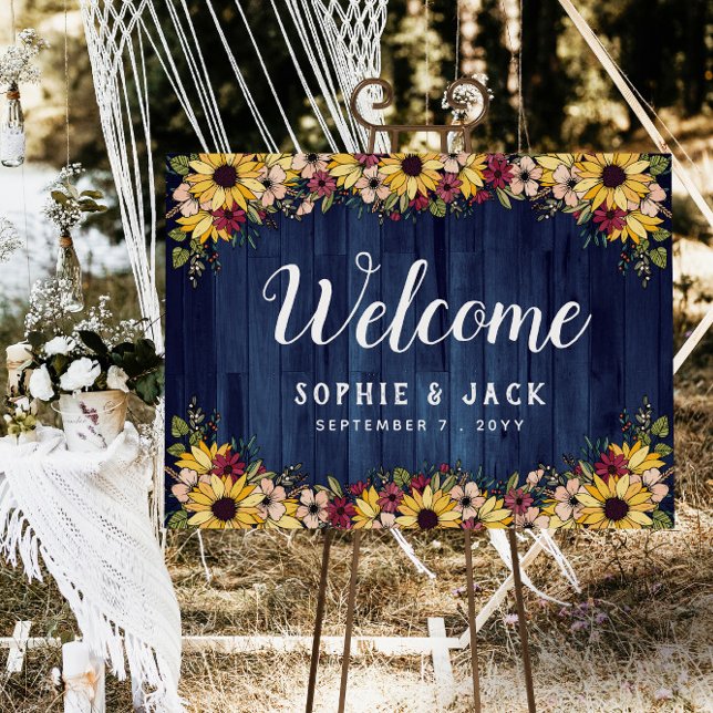 Rustic Sunflowers Blue Wood Grain Wedding Welcome Foam Board (Creator Uploaded)