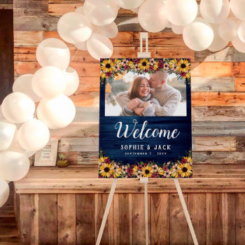 Rustic Sunflowers Blue Wood Photo Wedding Welcome Foam Board by Paperpaperpaper at Zazzle
