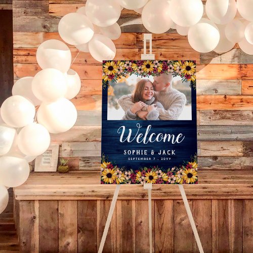 Rustic Sunflowers Blue Wood Photo Wedding Welcome Foam Board