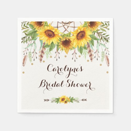 Rustic Sunflowers Boho Dream Catcher Shower Party Napkins