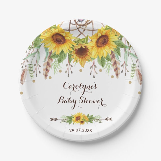 Rustic Sunflowers Boho Dreamcatcher Shower Party Paper Plates (Front)