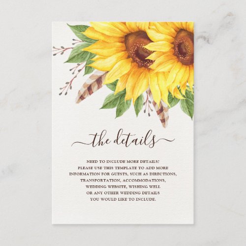 Rustic Sunflowers Boho Feathers Wedding Details Enclosure Card