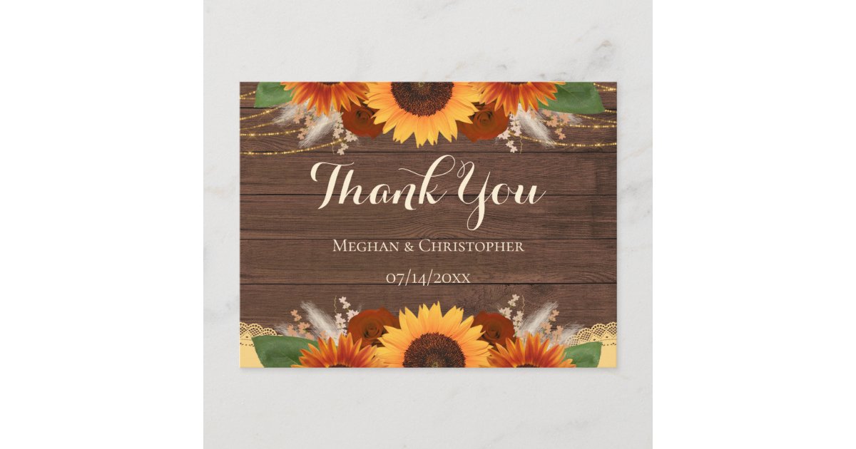 Rustic Sunflowers Boho Roses Wedding Thank You Postcard | Zazzle