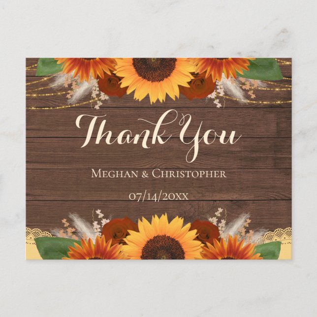 Rustic Sunflowers Boho Roses Wedding Thank You Postcard (Front)