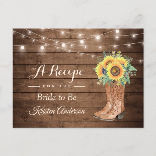 Rustic Sunflowers Boots Bridal Shower Recipe Postcard - Rustic Cowgirl Boots Flowers Bridal Shower Recipe Card.
(1) For further customization, please click the "customize further" link and use our design tool to modify this template. 
(2) If you need help or matching items, please contact me.