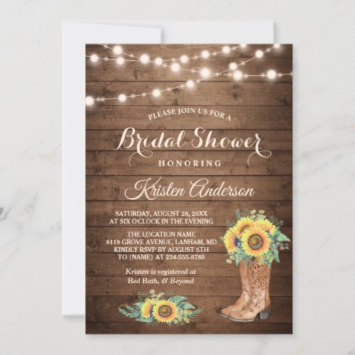 Rustic Sunflowers Boots Cowgirl Bridal Shower Invitation - Rustic Sunflowers Boots Cowgirl Bridal Shower Invitation. 
(1) For further customization, please click the "customize further" link and use our design tool to modify this template. 
(2) If you prefer Thicker papers / Matte Finish, you may consider to choose the Matte Paper Type. 
(3) If you need help or matching items, please contact me.
