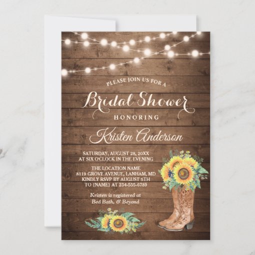 Rustic Sunflowers Boots Cowgirl Bridal Shower Invitation | Zazzle