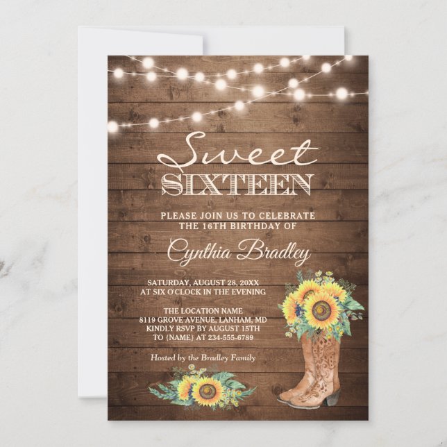 Rustic Sunflowers Boots Cowgirl Sweet Sixteen 16 Invitation (Front)