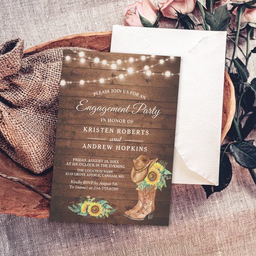 Rustic Sunflowers Boots Lights Engagement Party Invitation