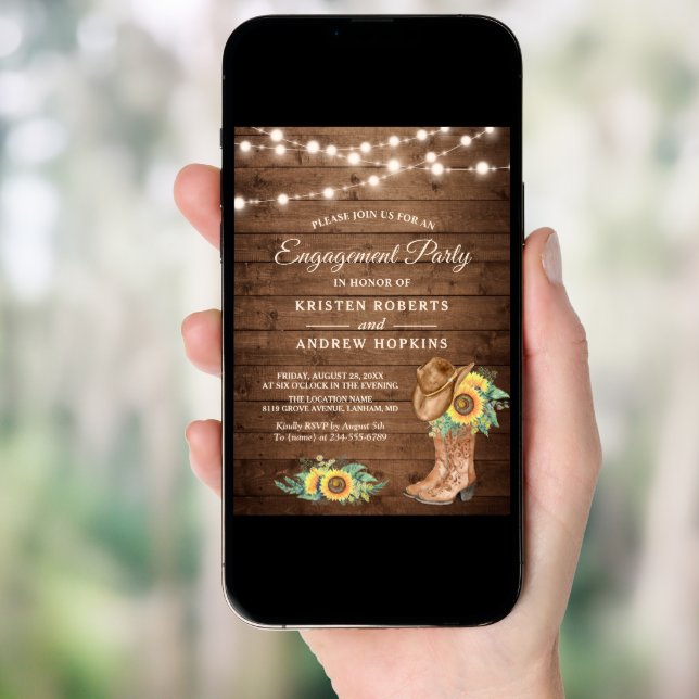 Rustic Sunflowers Boots Lights Engagement Party Invitation (Front Digital)