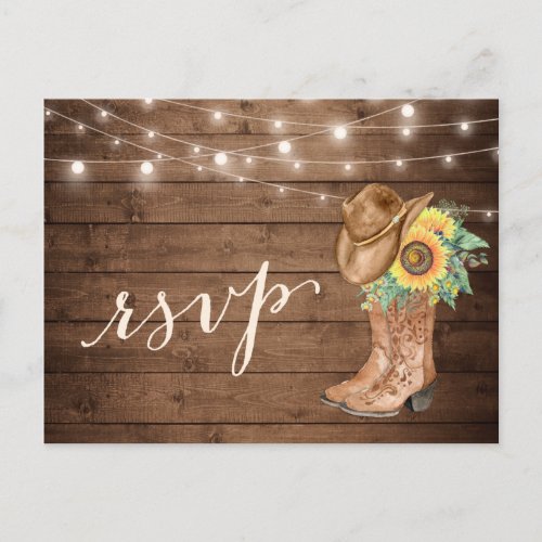 Rustic Sunflowers Boots String Lights RSVP Invitation Postcard - Rustic Sunflowers Boots Floral String Lights RSVP Reply Card. 
(1) For further customization, please click the "customize further" link and use our design tool to modify this template. 
(2) If you need help or matching items, please contact me.