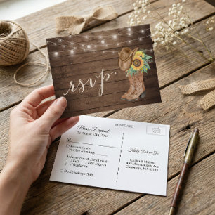 Rustic Sunflowers Boots String Lights RSVP Invitation Postcard