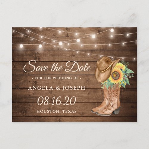 Rustic Sunflowers Boots Western Save the Date Announcement Postcard - This "Rustic Sunflowers Boots Western Save the Date Postcard" is a great way to announce your wedding date to family and friends! You can easily customize it to be uniquely yours! 
(1) For further customization, please click the "customize further" link and use our design tool to modify this template. 
(2) If you need help or matching items, please contact me.