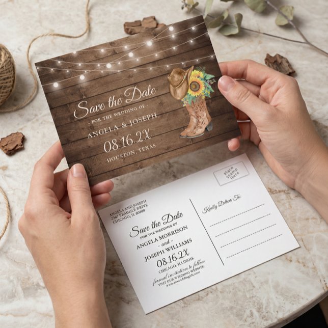 Rustic Sunflowers Boots Western Save the Date Announcement Postcard (Creator Uploaded)