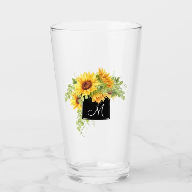Rustic Sunflowers Bouquet and Any Monogram Glass (Front)