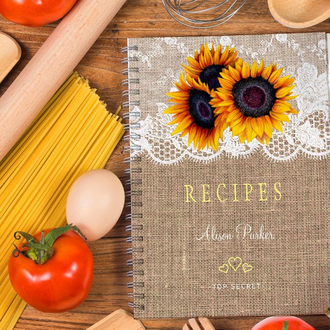 Rustic sunflowers bouquet burlap lace recipes notebook (Creator Uploaded)
