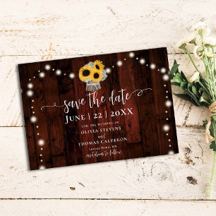 Rustic Sunflowers Bouquet Lights Barn Wood Wedding Save The Date
