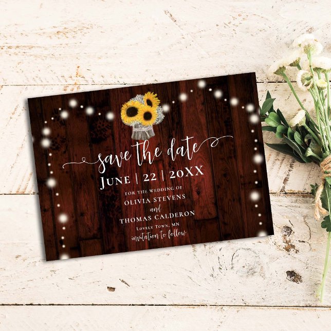 Rustic Sunflowers Bouquet Lights Barn Wood Wedding Save The Date (Creator Uploaded)