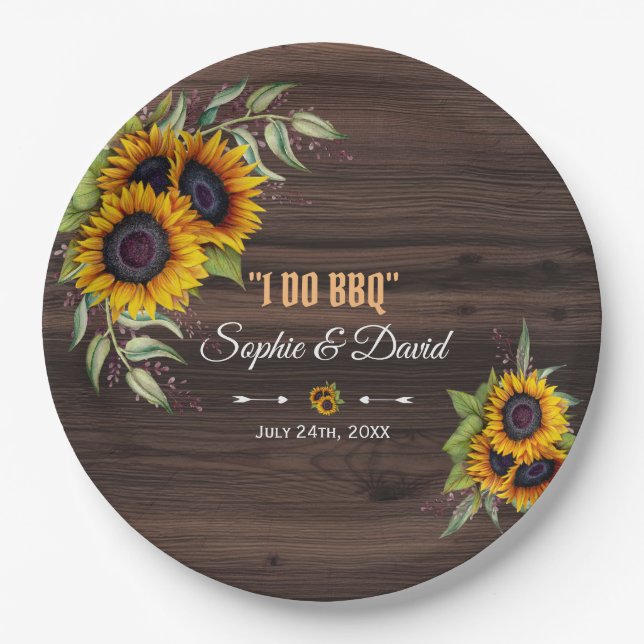 Rustic Sunflowers Bouquet Wood I DO BBQ Paper Plates (Front)