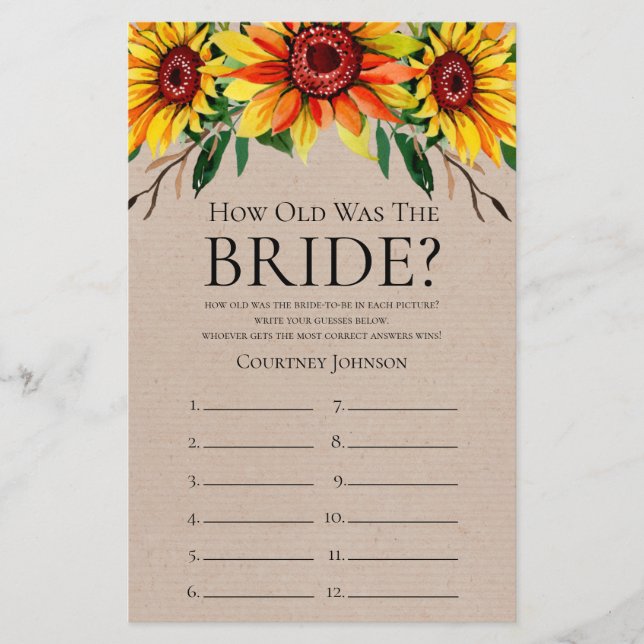 Rustic Sunflowers Bridal Shower Game (Front)