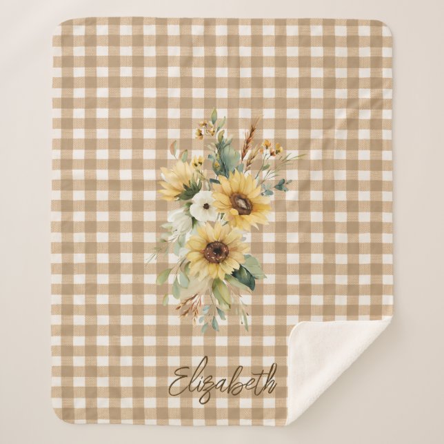 Rustic Sunflowers Brown Gingham Personalized  Sherpa Blanket (Front)