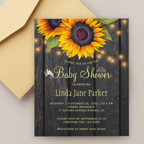 Rustic sunflowers budget baby shower invitation