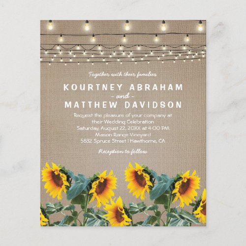 Rustic Sunflowers Budget Wedding Invitations - Budget rustic country wedding invitations featuring a brown burlap fabric background, string lights, bold yellow sunflowers, and a elegant wedding wedding invite template that is easy to edit.