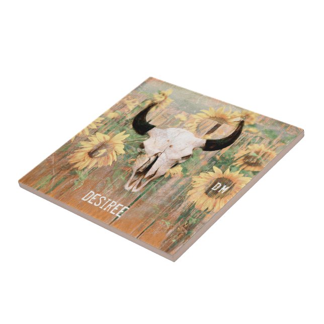 Rustic Sunflowers Bull Cow Skull Western Ceramic Tile (Side)
