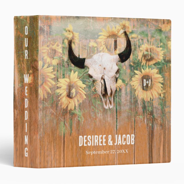 Rustic Sunflowers Bull Skull Floral Western 3 Ring Binder (Front/Spine)