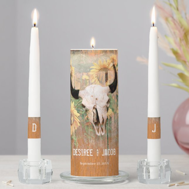 Rustic Sunflowers Bull Skull Floral Western Unity Candle Set (In Situ)