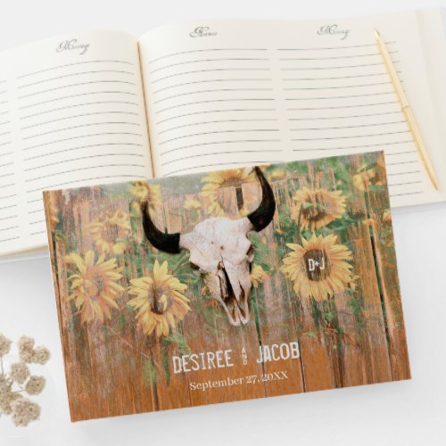 Rustic Sunflowers Bull Skull Western Floral Guest Book