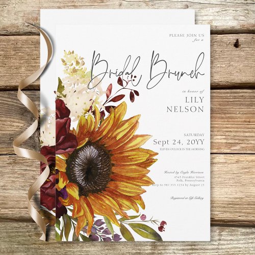Rustic Sunflowers  Burgundy Floral Bridal Brunch Invitation