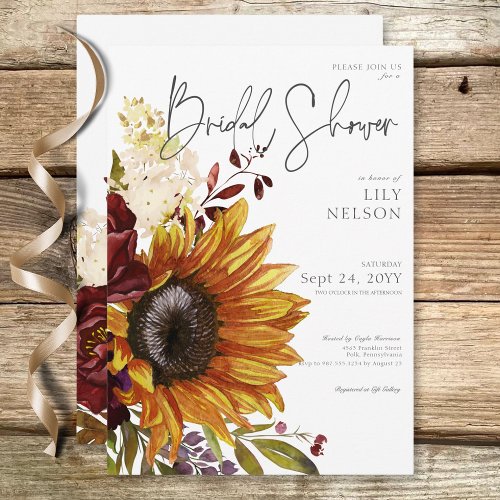 Rustic Sunflowers  Burgundy Floral Bridal Shower Invitation