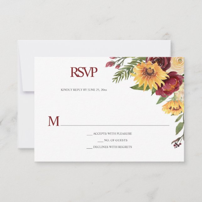 Rustic Sunflowers & Burgundy Floral RSVP Card (Front)