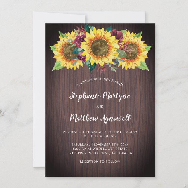 Rustic Sunflowers Burgundy Floral Wood Wedding Invitation (Front)